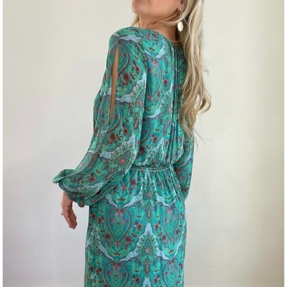 Chelsea & Violet Sz S Split Sleeve Shift Tunic Dress Blouson Paisley Print Green - Picture 7 of 13